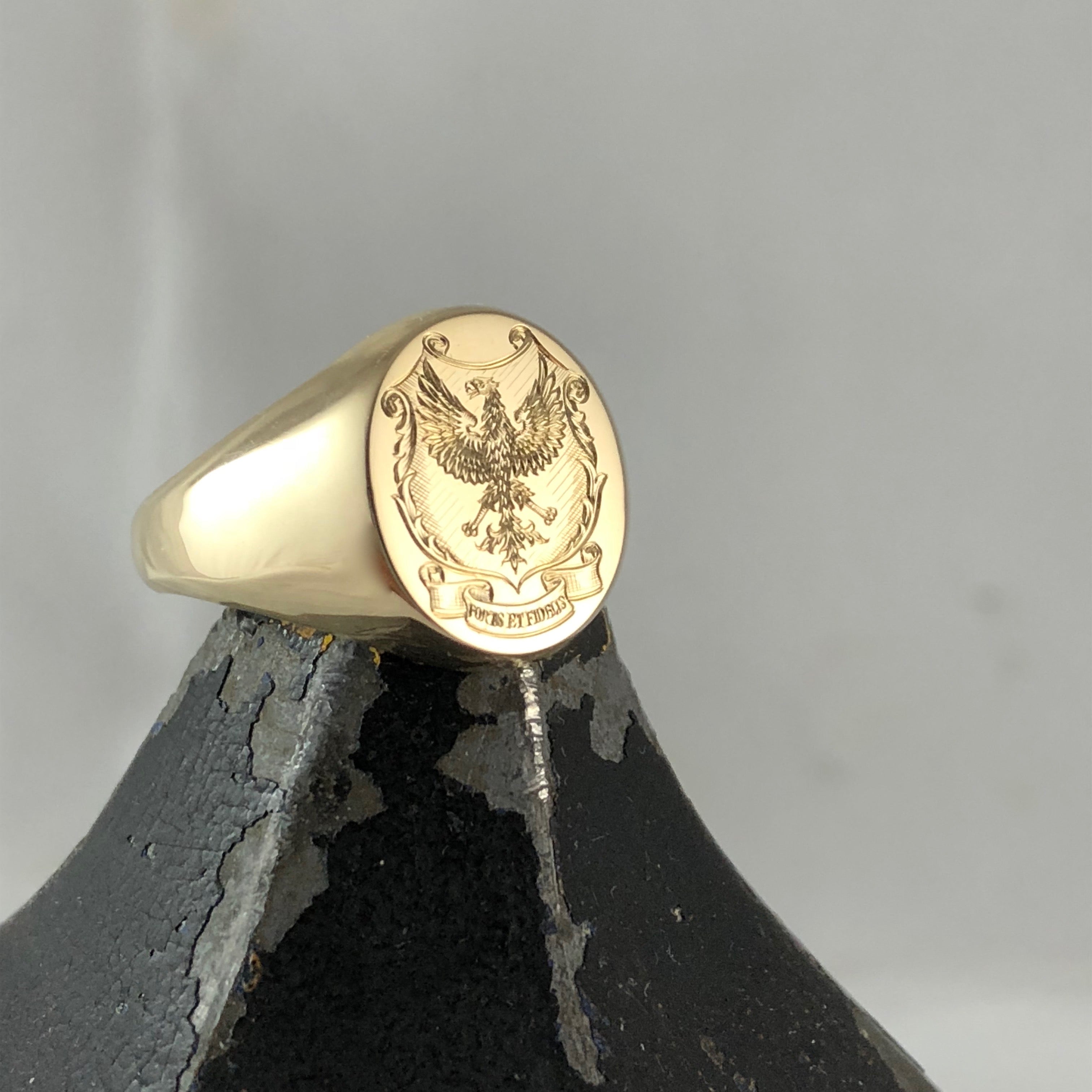 Family Coat of Arms Surface Engraved 16mm x 13mm Oval - 9 Carat Yellow Gold Signet Ring