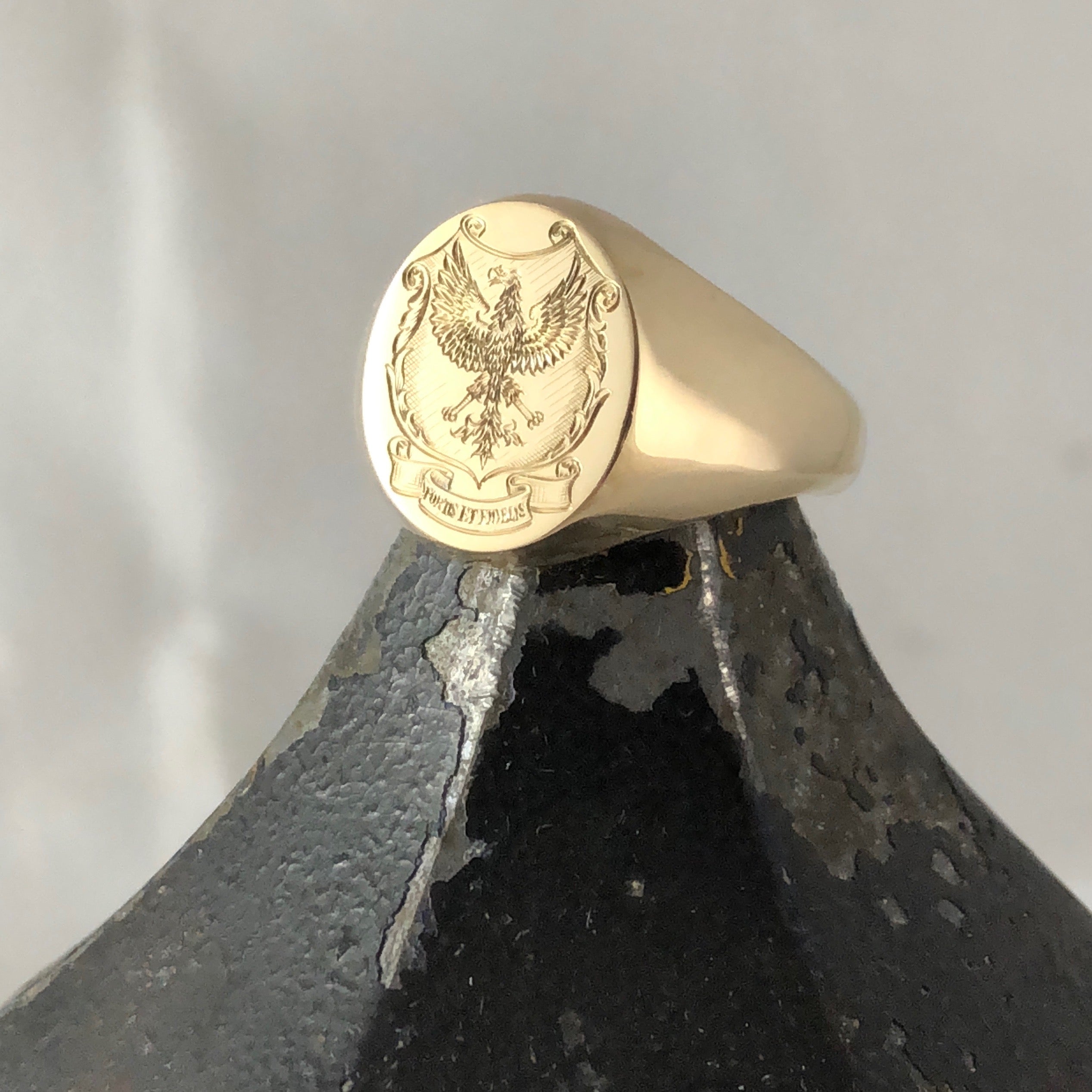 Family Coat of Arms Surface Engraved 16mm x 13mm Oval - 9 Carat Yellow Gold Signet Ring