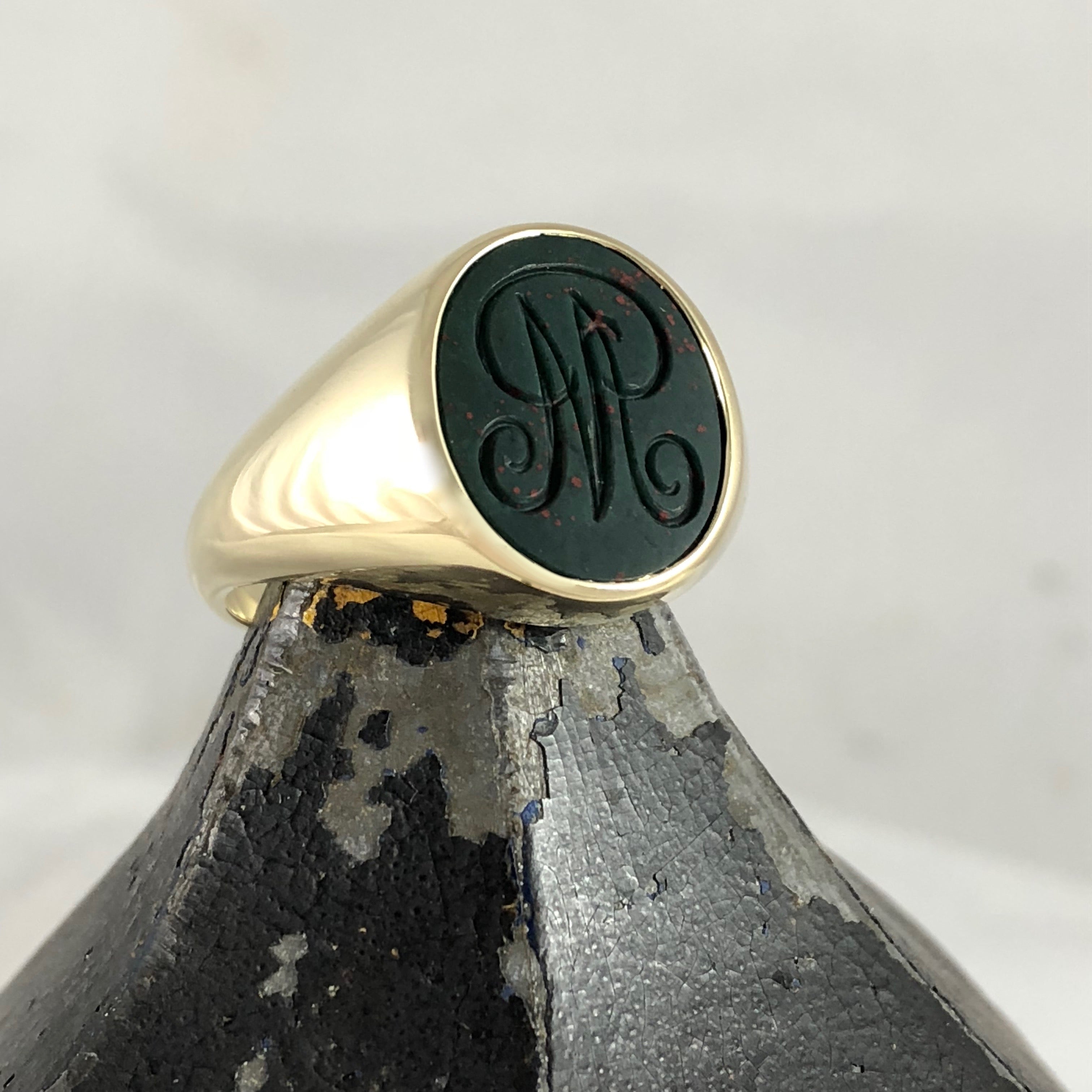 Seal Engraved Monogram Bloodstone Custom Made 16mm x 13mm - 9 Carat Yellow Gold Signet Ring