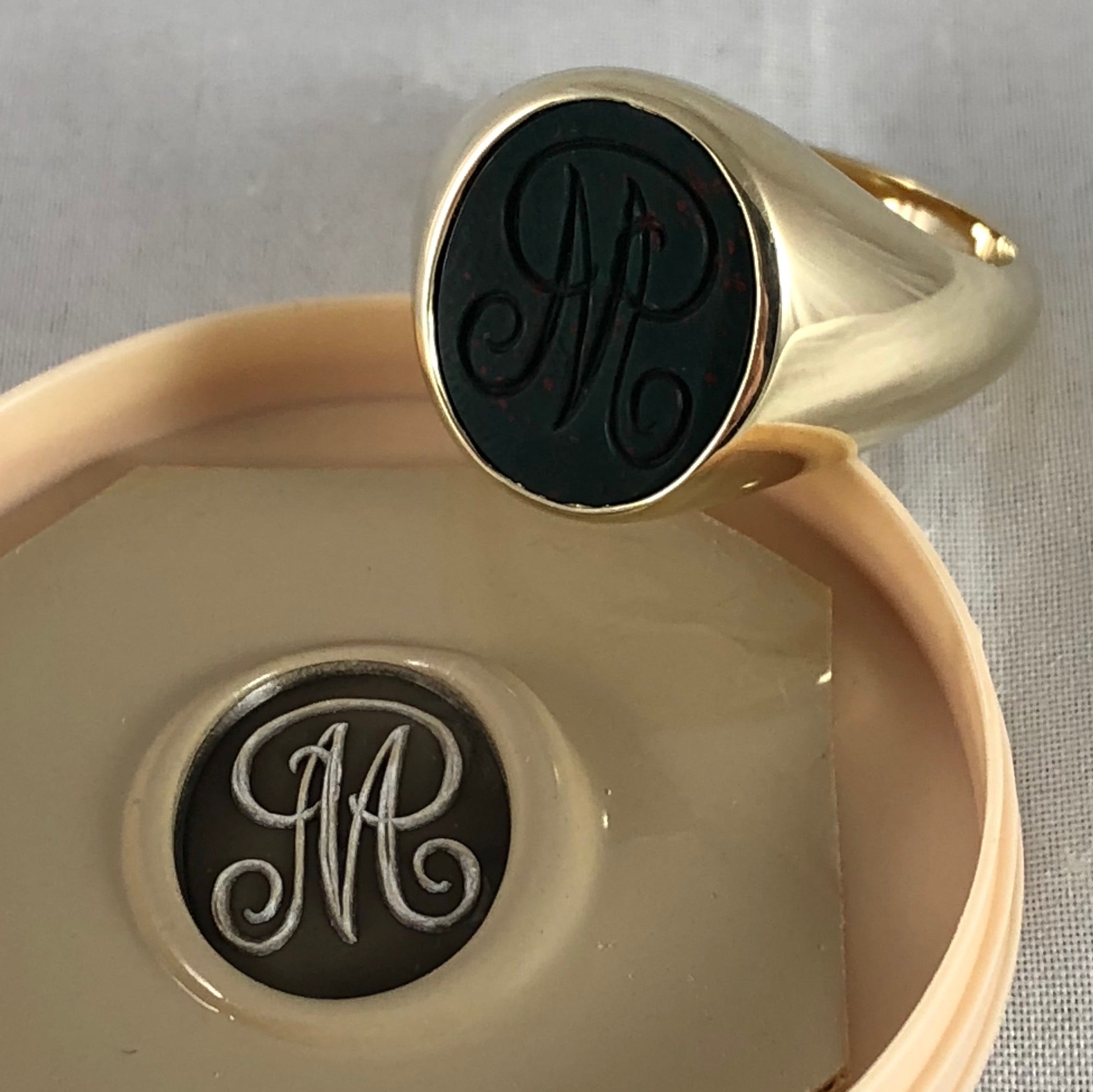 Seal Engraved Monogram Bloodstone Custom Made 16mm x 13mm - 9 Carat Yellow Gold Signet Ring