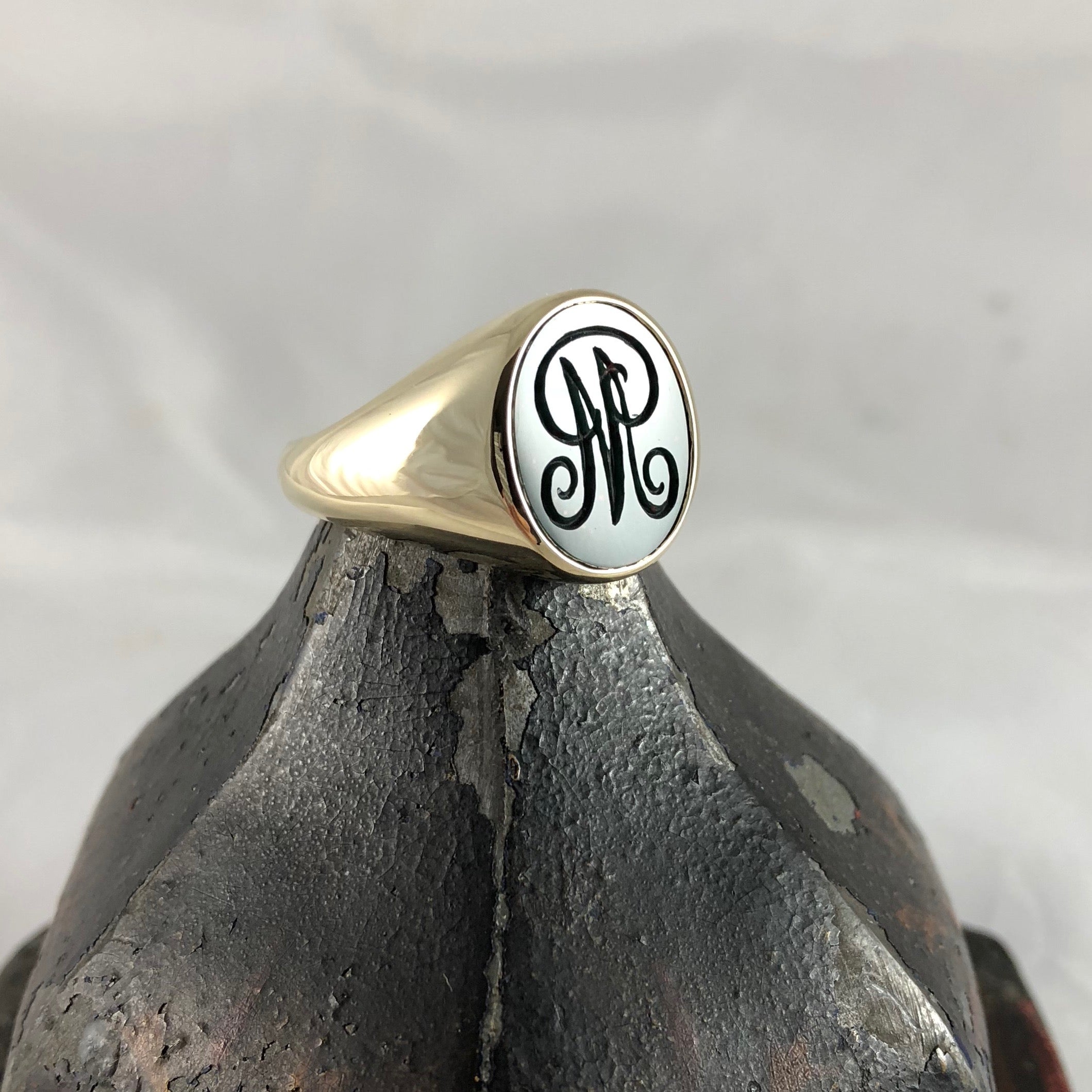 Seal Engraved Monogram Bloodstone Custom Made 16mm x 13mm - 9 Carat Yellow Gold Signet Ring