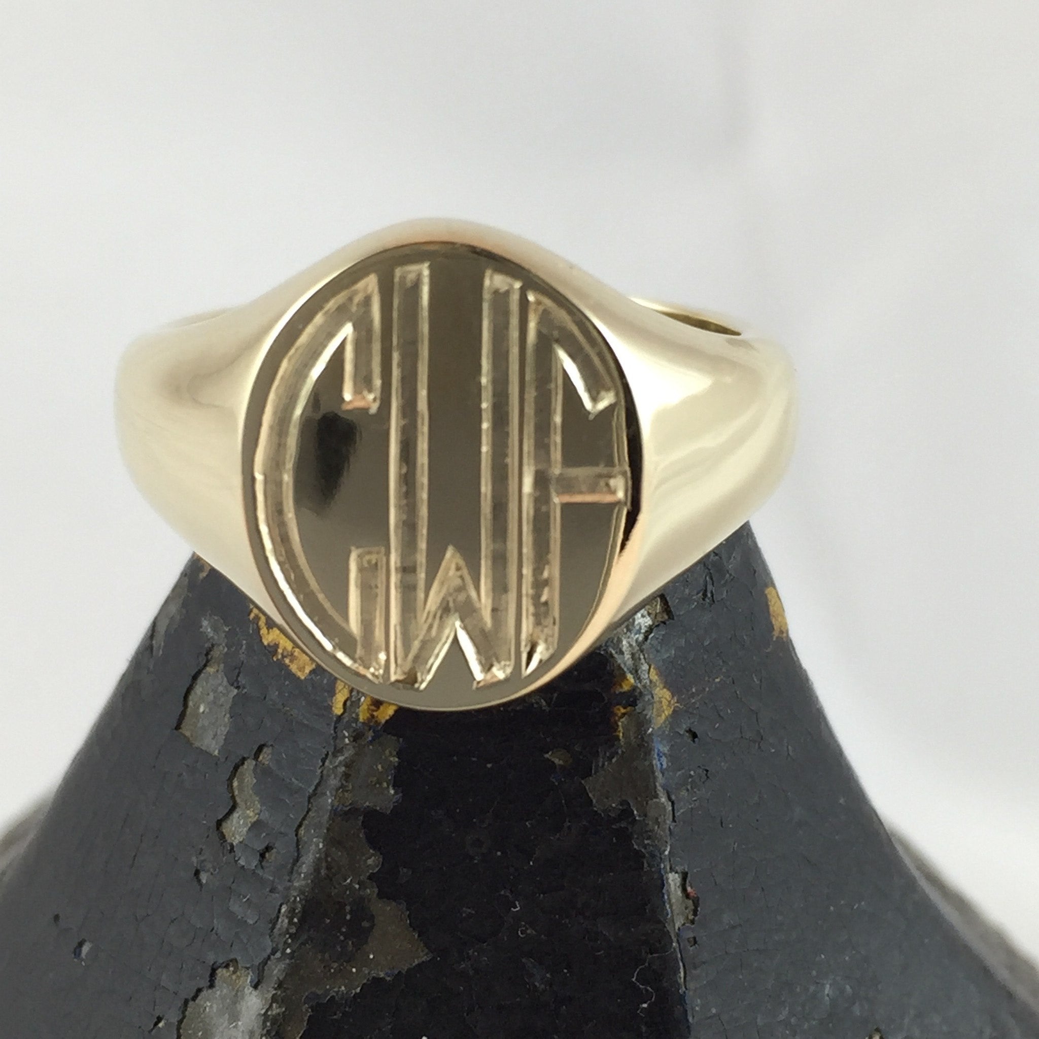3 Initials Engraved 13mm x 11mm - 9 Carat Yellow Gold Signet Ring