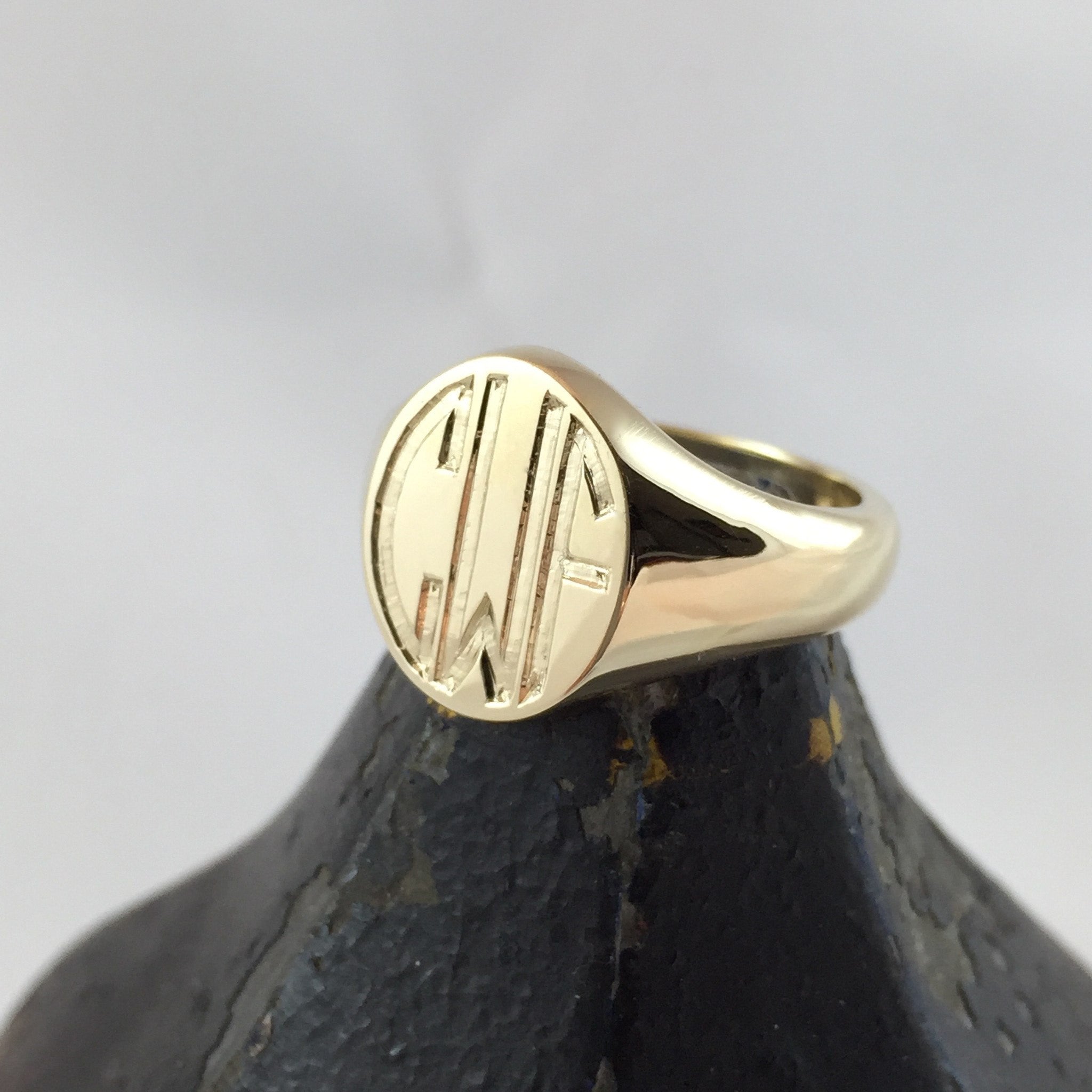 3 Initials Engraved 13mm x 11mm - 9 Carat Yellow Gold Signet Ring