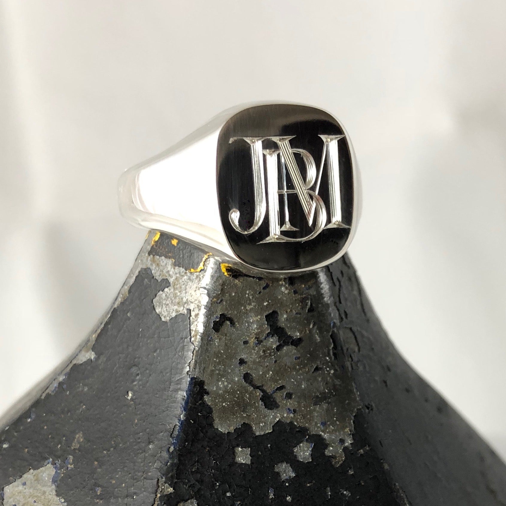 1-3 Initials Engraved  14mm x 13mm Cushion  -  Sterling Silver Signet Ring