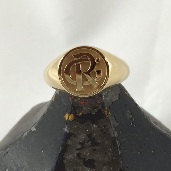 2 Initials Monogram Design 14mm Round  -  9 Carat Yellow Gold Signet Ring