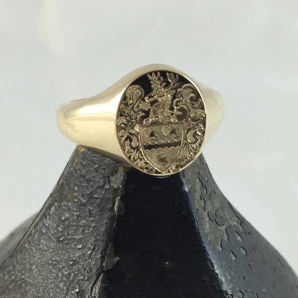 Family Coat of Arms Surface Engraved 14mm x 12mm  -  9 Carat Yellow Gold Signet Ring