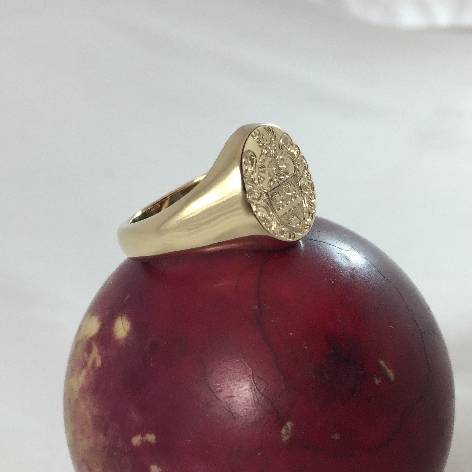 Family Coat of Arms Surface Engraved 14mm x 12mm - 9 Carat Yellow Gold Signet Ring