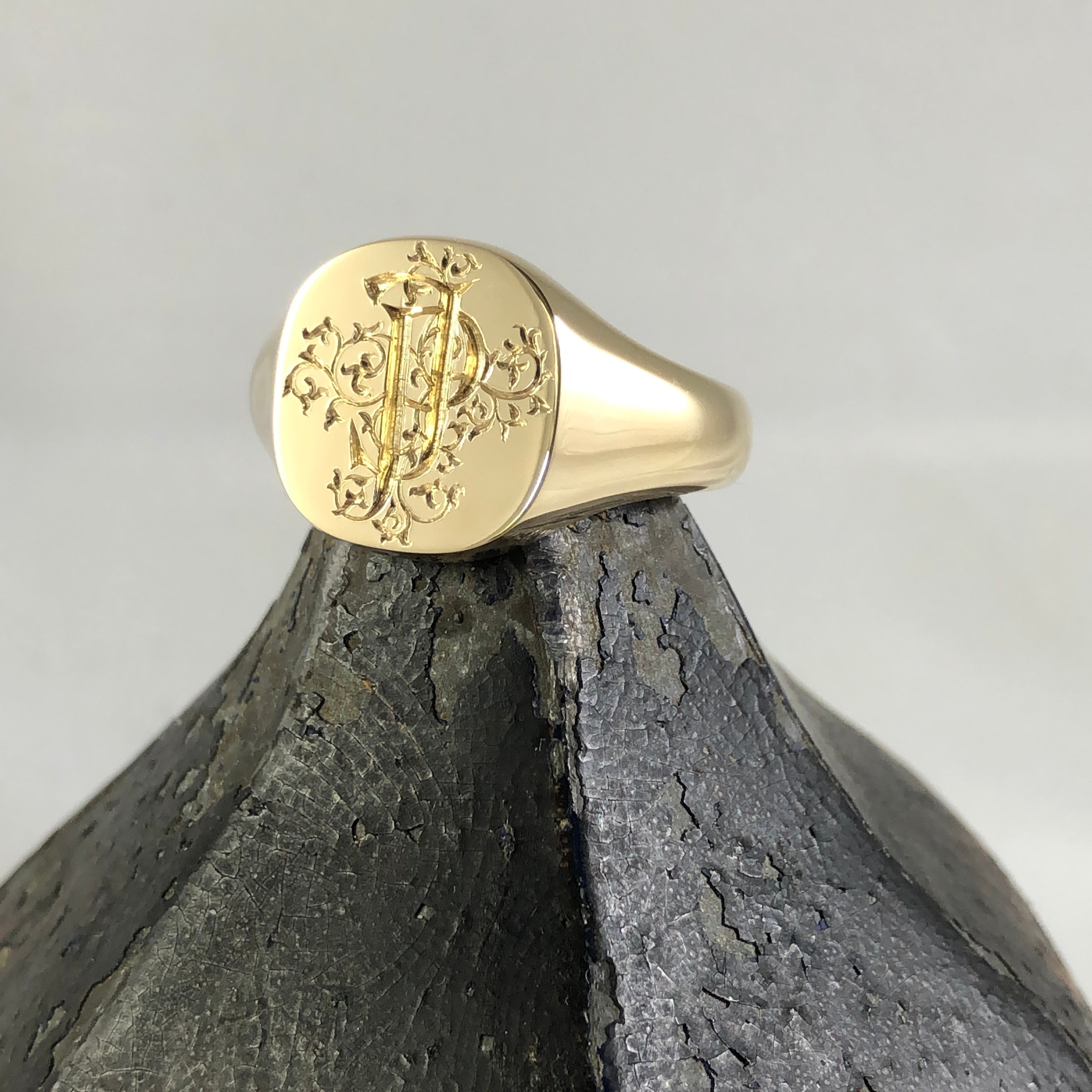 2 Initials Deep Engraved  14mm x 13mm Cushion  -   9 Carat Yellow Gold Signet Ring
