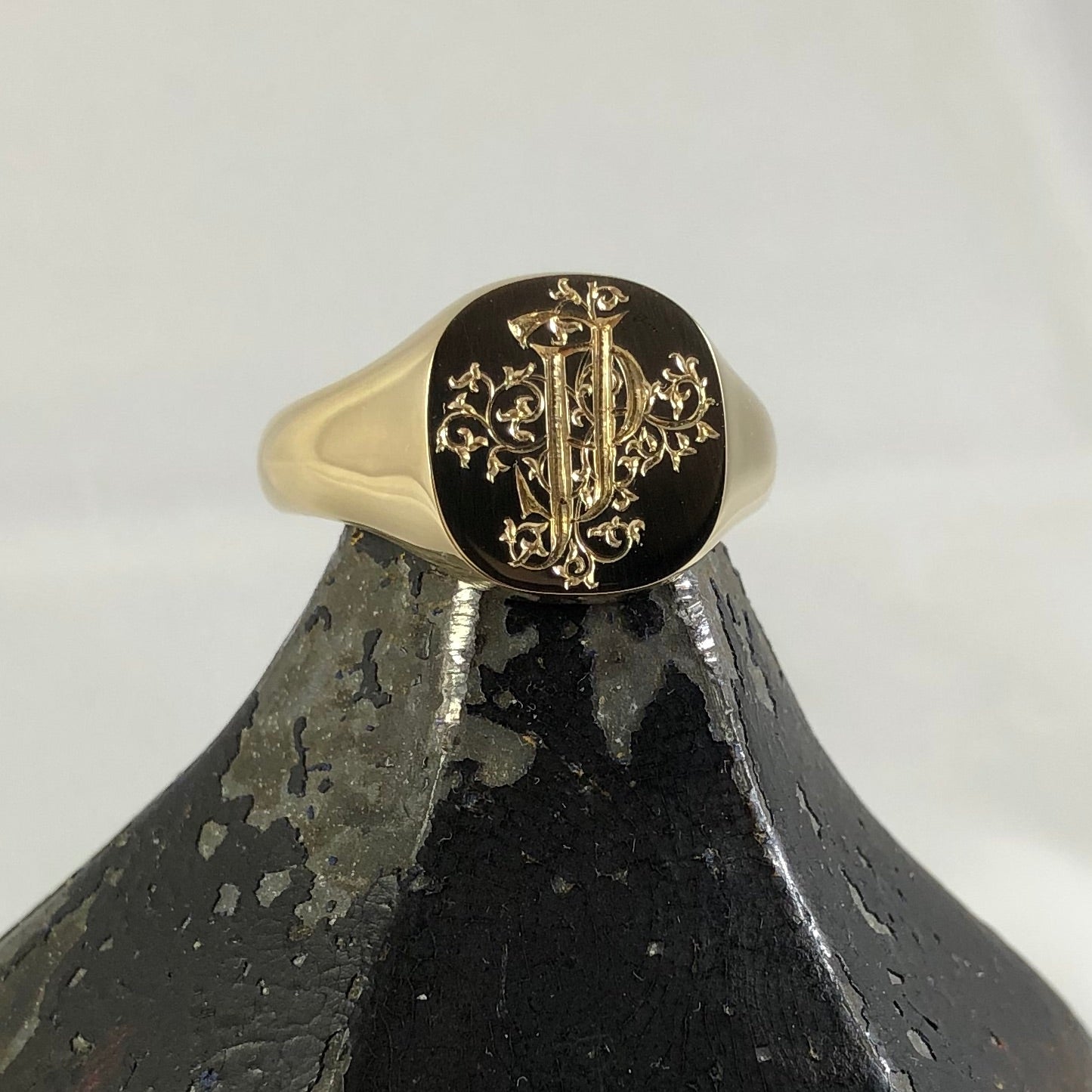 2 Initials Deep Engraved  14mm x 13mm Cushion  -   9 Carat Yellow Gold Signet Ring