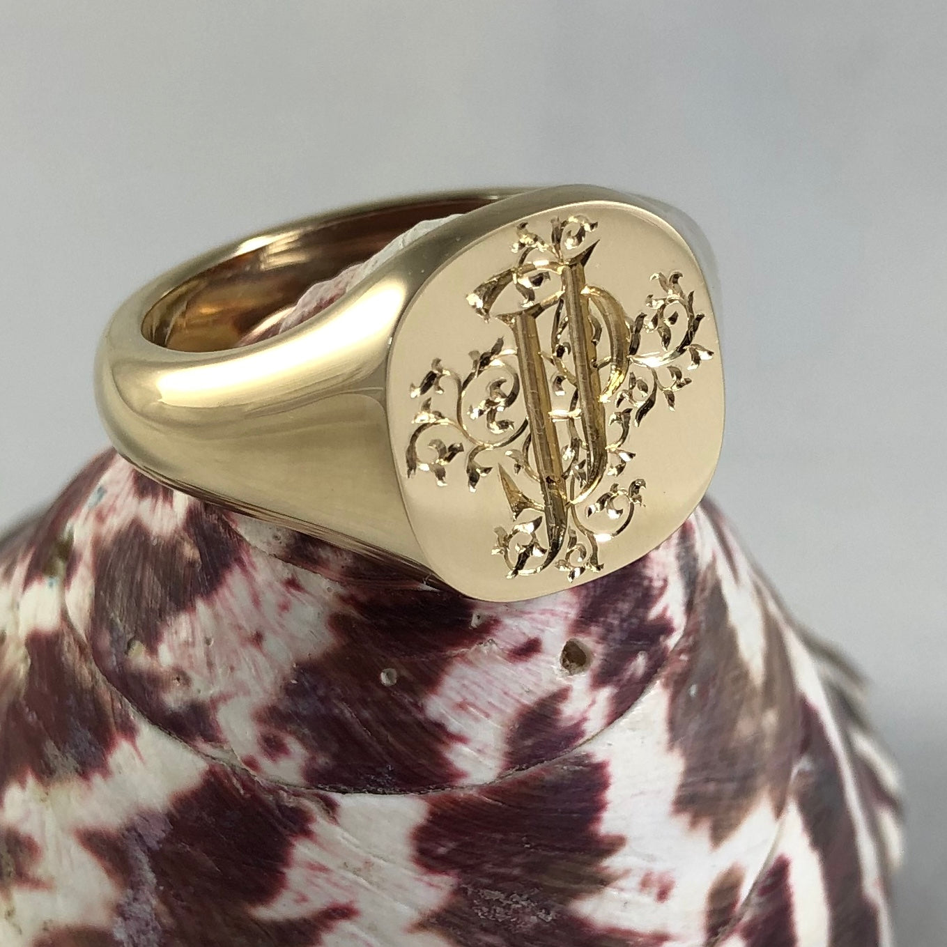 2 Initials Deep Engraved  14mm x 13mm Cushion  -   9 Carat Yellow Gold Signet Ring