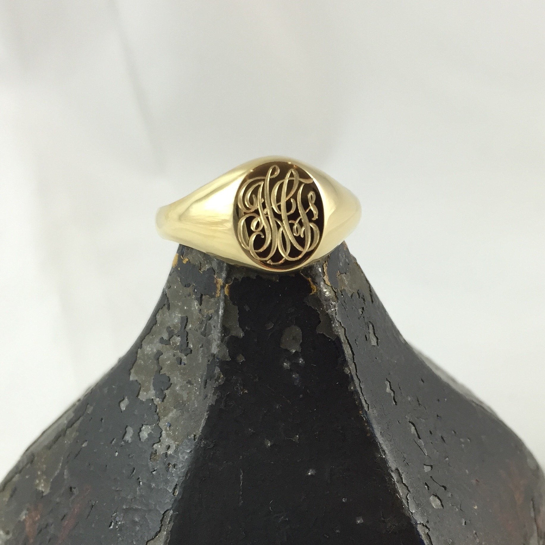 3 Initials Engraved 11mm x 9mm Oval - 9 Carat Yellow Gold Signet Ring