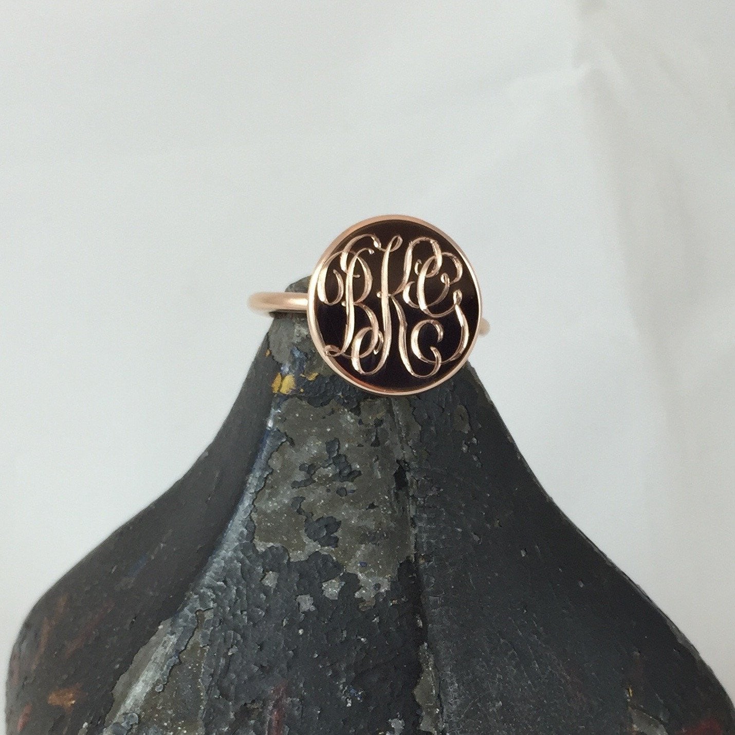 3 Initials Surface Engraved 15mm Round  -  9 Carat Rose Gold Signet Ring