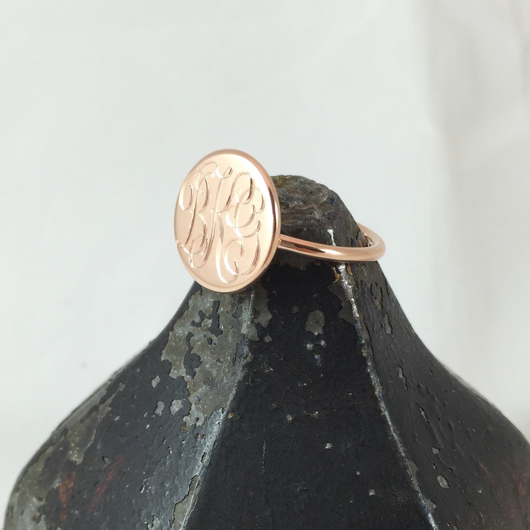 3 Initials Surface Engraved 15mm Round  -  9 Carat Rose Gold Signet Ring