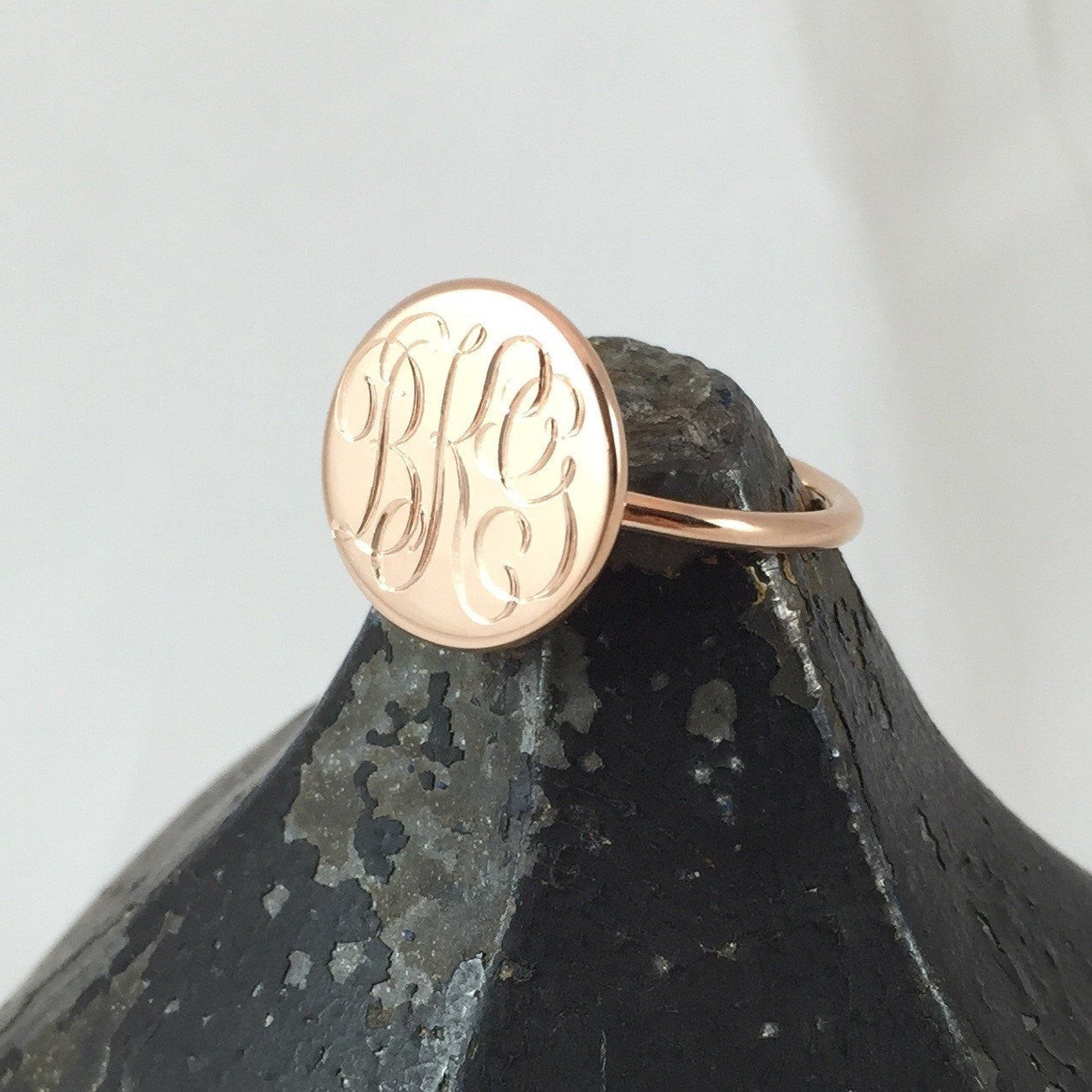 3 Initials Surface Engraved 15mm Round  -  9 Carat Rose Gold Signet Ring