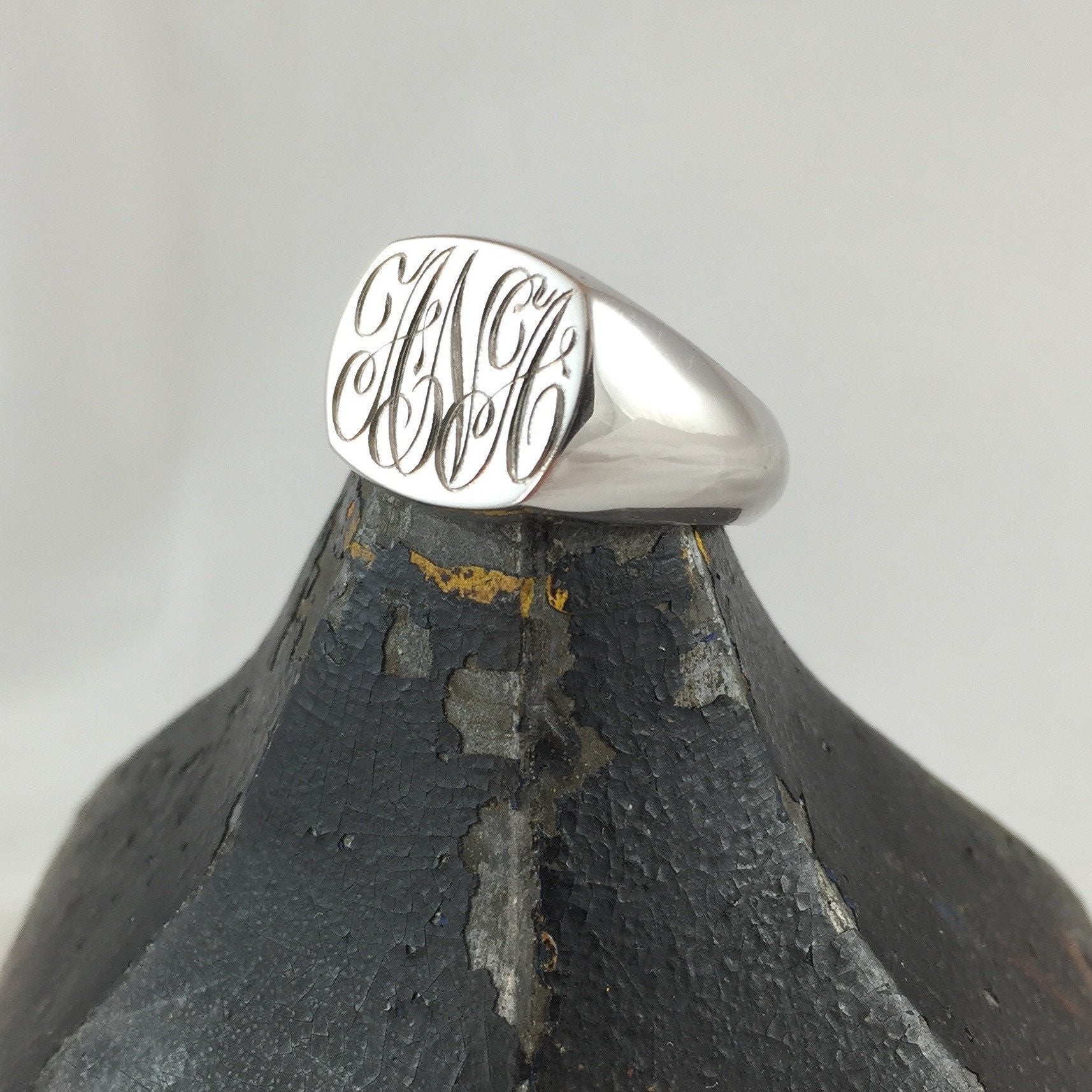 3 Initials Engraved 12mm x 11mm Cushion - 9 Carat White Gold Signet Ring