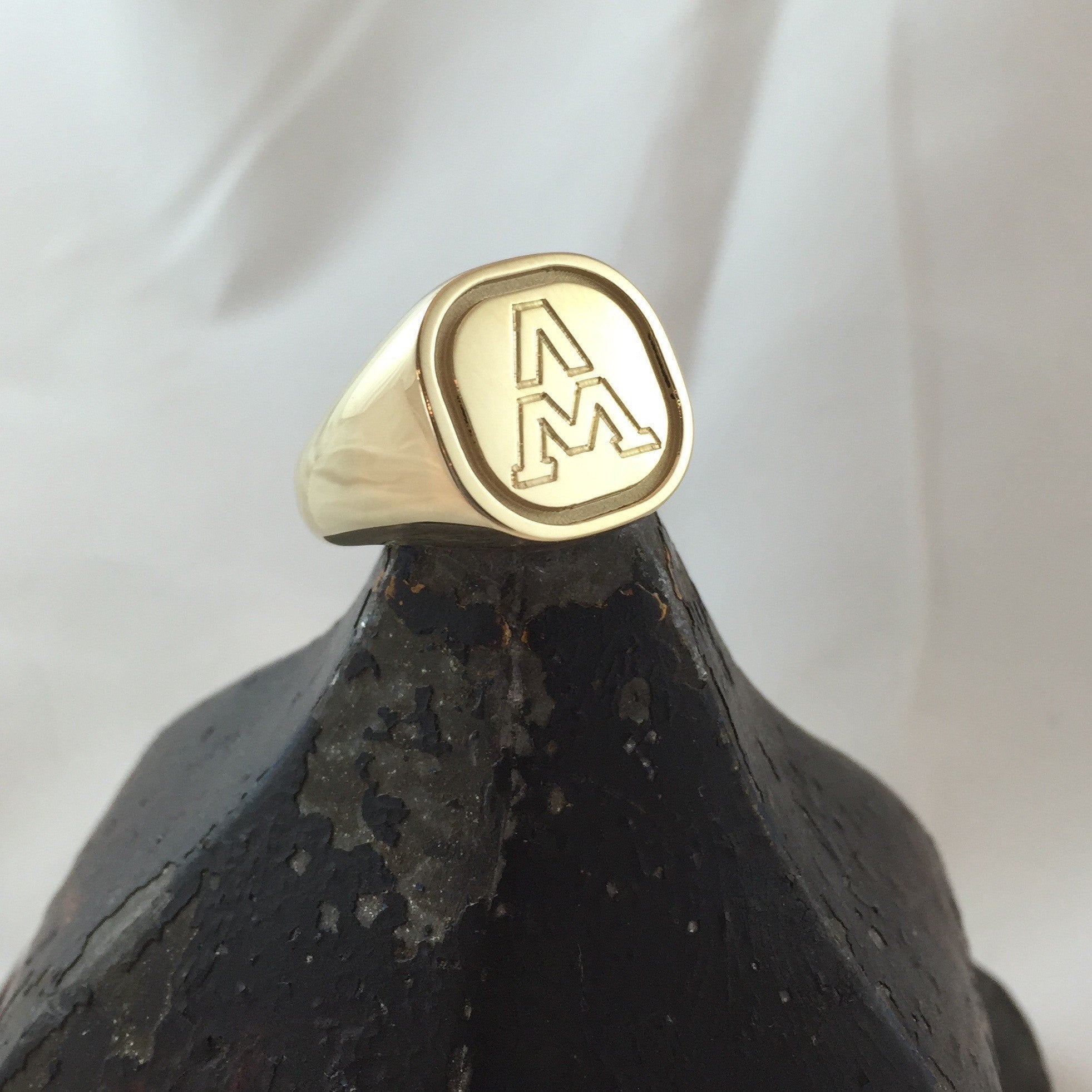 1 initial engraved cushion gold signet ring