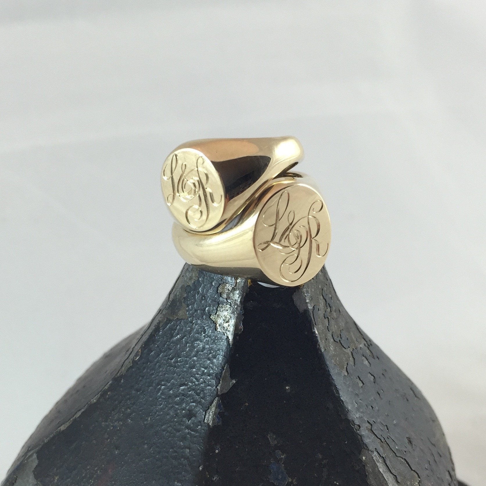 3 Initials Engraved "HIS and HER" - 9 Carat Yellow Gold Signet Rings