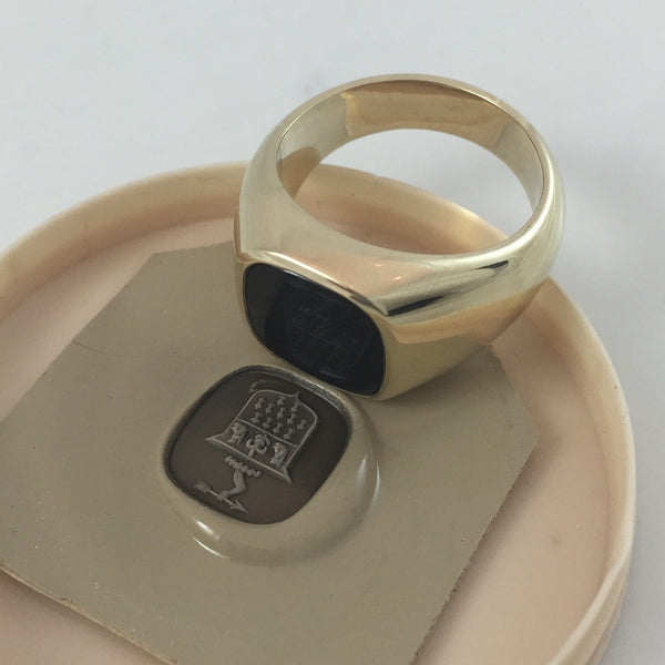Seal Engraved Onyx Custom Made 12mm x 11mm  -  9 Carat Yellow Gold Signet Ring