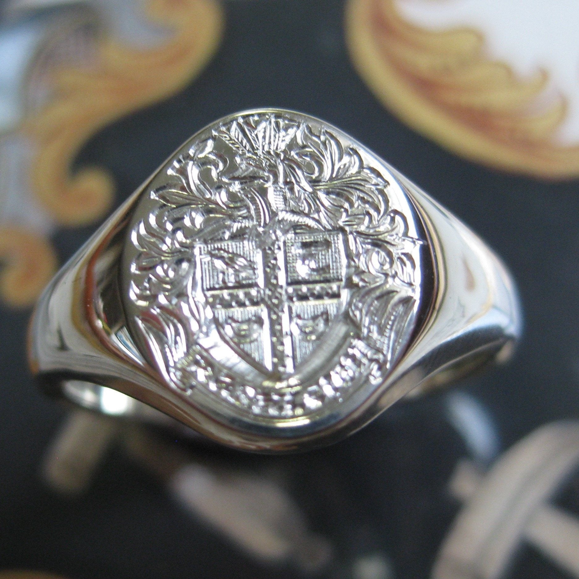 Family Coat of Arms Surface Engraved 14mm x 12mm - Sterling Silver Signet Ring