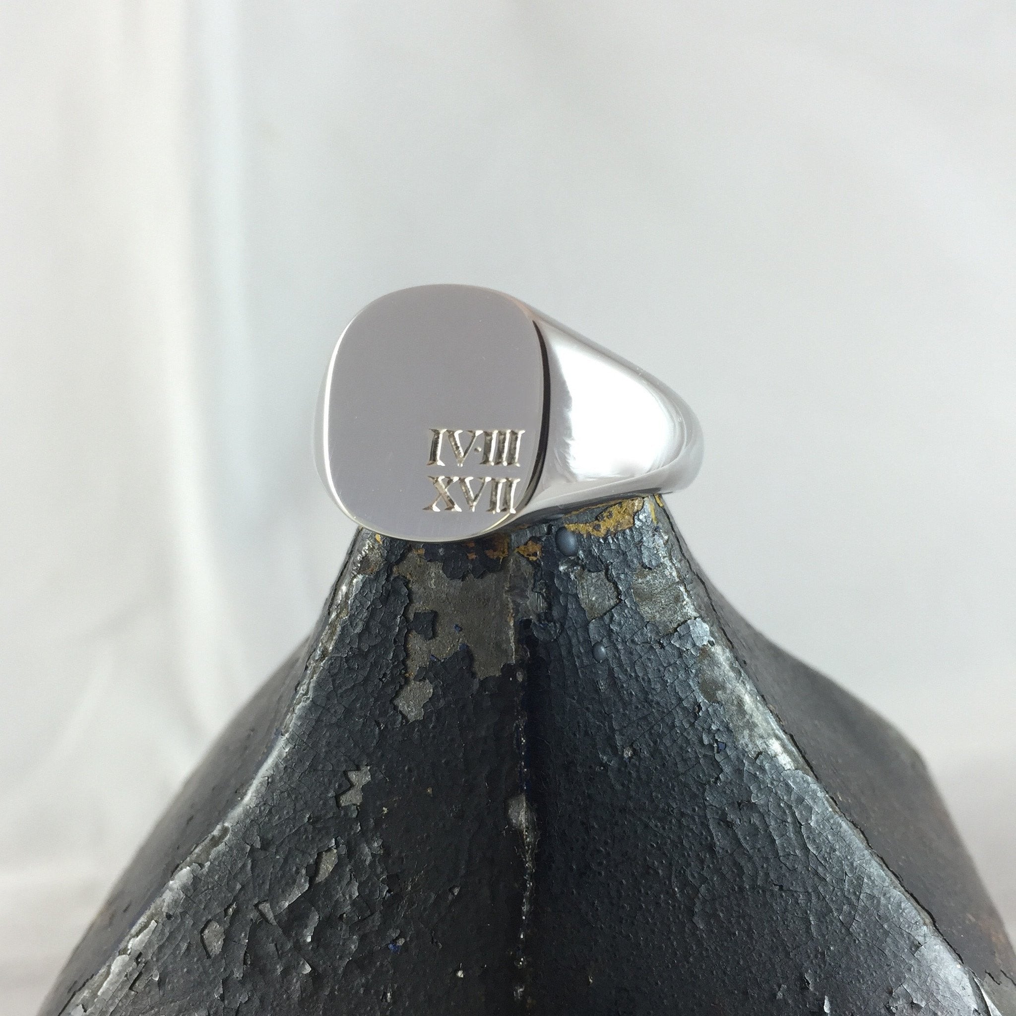 Custom Engraved 14mm x 13mm Cushion 9 Carat White Gold Signet Ring