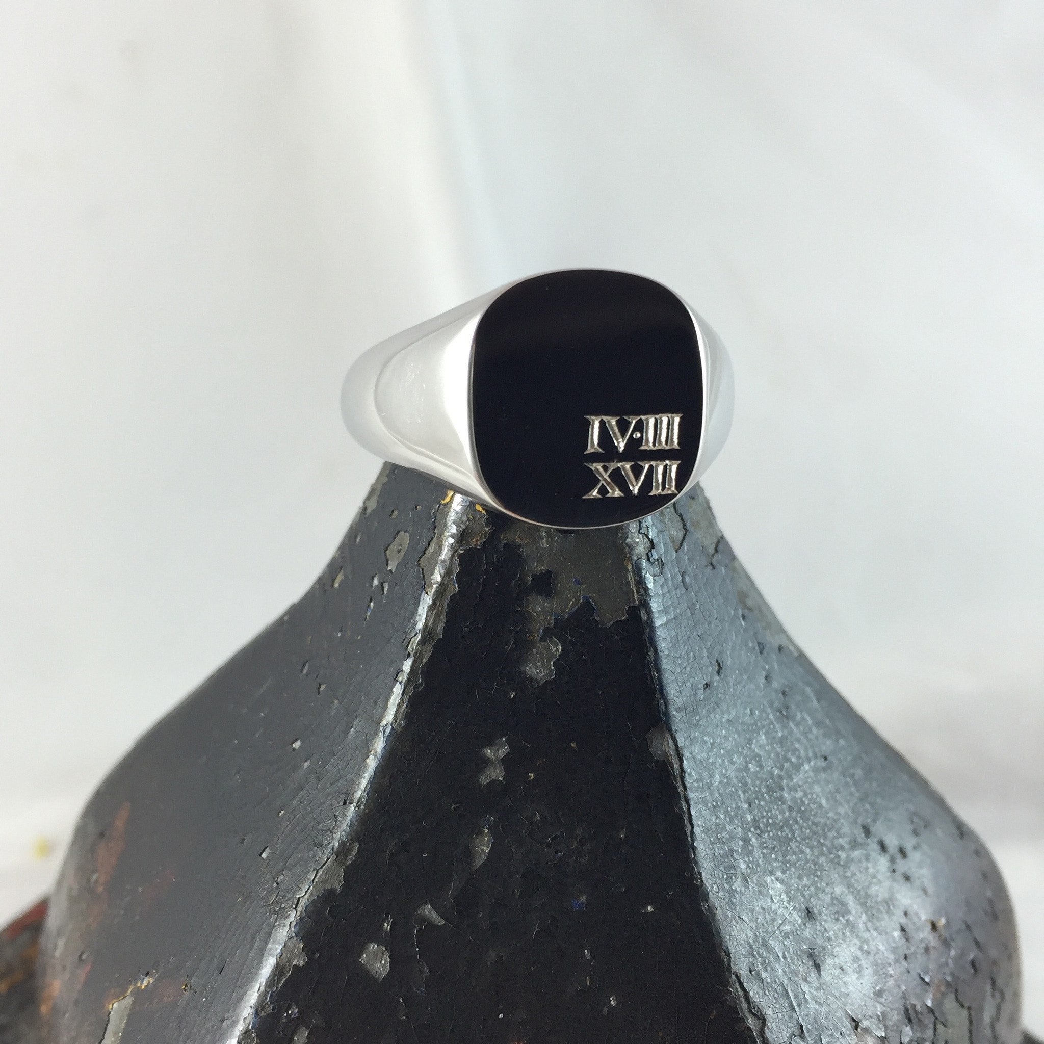 Custom Engraved 14mm x 13mm Cushion 9 Carat White Gold Signet Ring