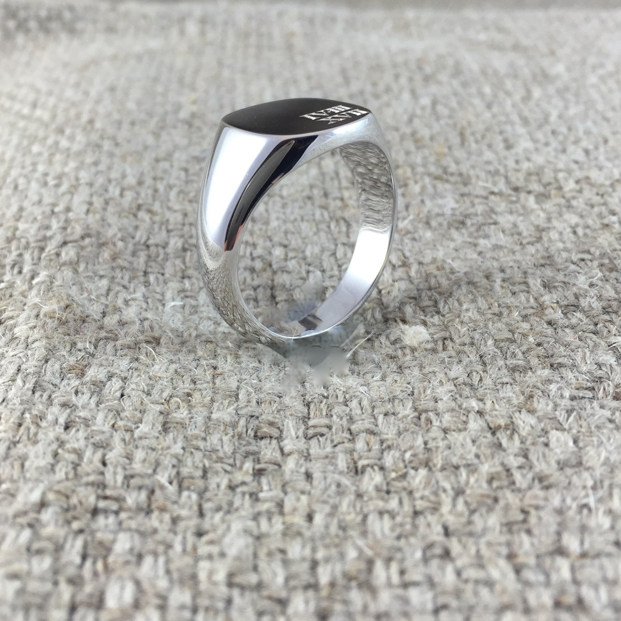 Custom Engraved 14mm x 13mm Cushion 9 Carat White Gold Signet Ring