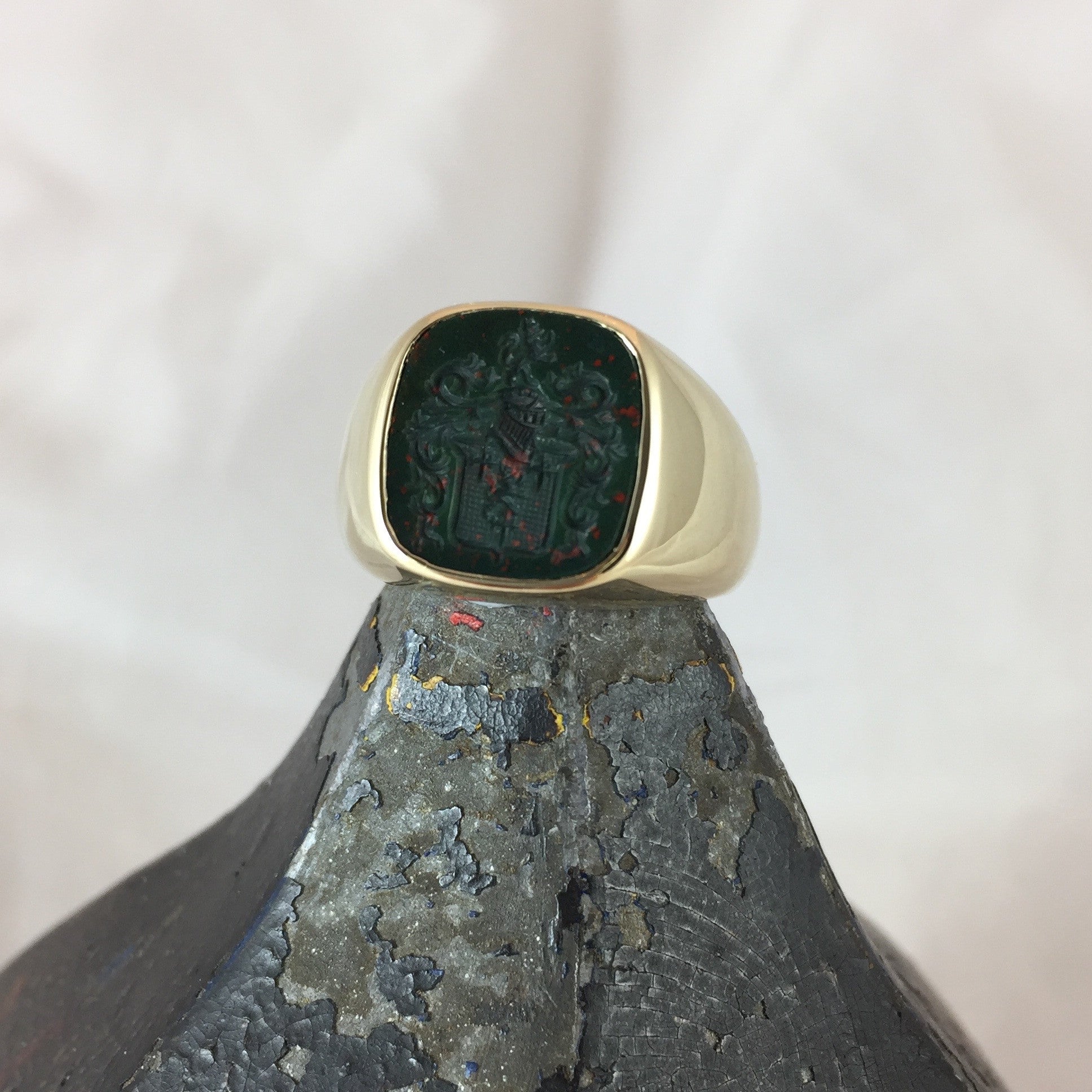 Seal Engraved Bloodstone Custom Made 14mm x 13mm - 9 Carat Yellow Gold Signet Ring