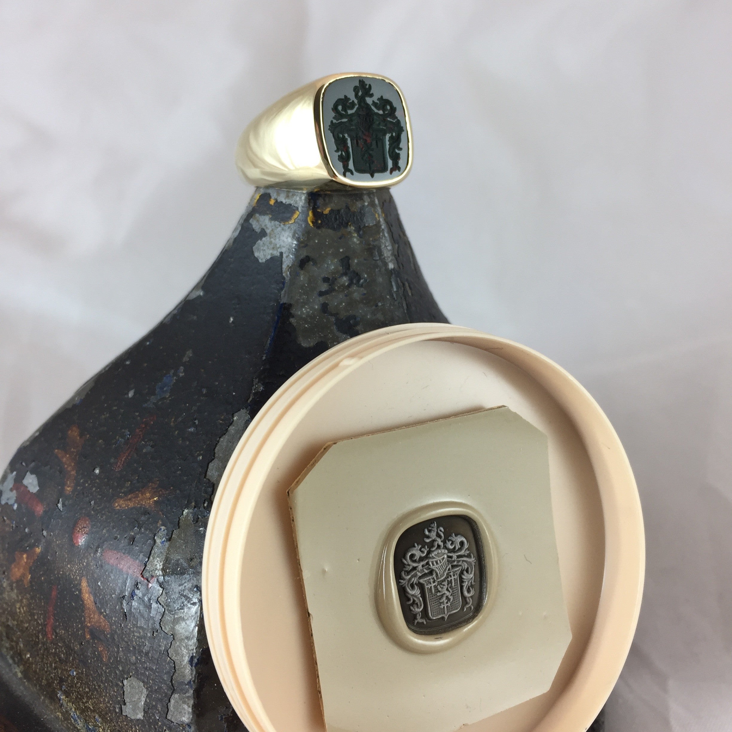 Seal Engraved Bloodstone Custom Made 14mm x 13mm - 9 Carat Yellow Gold Signet Ring