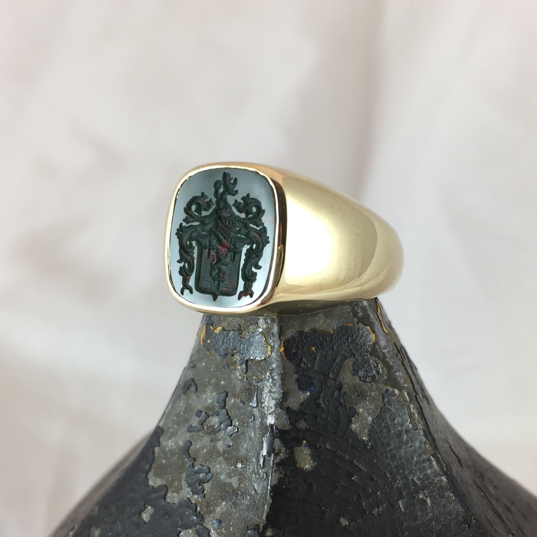 Seal Engraved Bloodstone Custom Made 14mm x 13mm - 9 Carat Yellow Gold Signet Ring