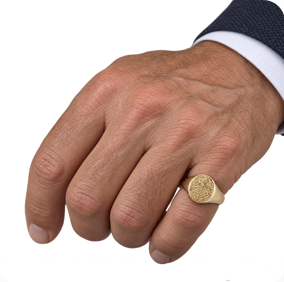Family Coat of Arms Seal Engraved  13mm x 11mm  -  9 Carat Yellow Gold Signet Ring