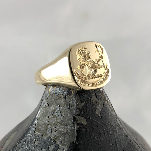 Family Crest Seal Engraved 14mm x 13mm  -  9 Carat Yellow Gold Signet Ring