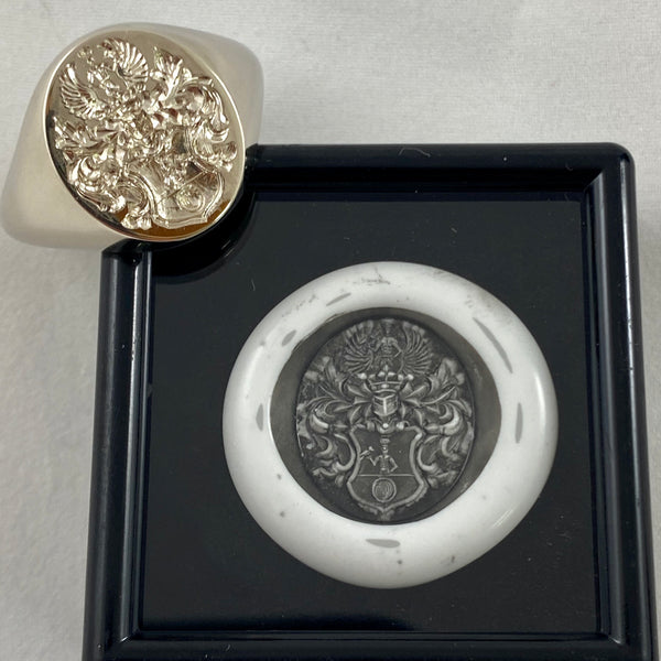 Family Coat of Arms Surface Engraved 13mm x 11mm  -  9 Carat White Gold Signet Ring