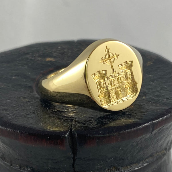 Family Crest Seal Engraved 14mm x 12mm  -  18 Carat Yellow Gold Signet Ring