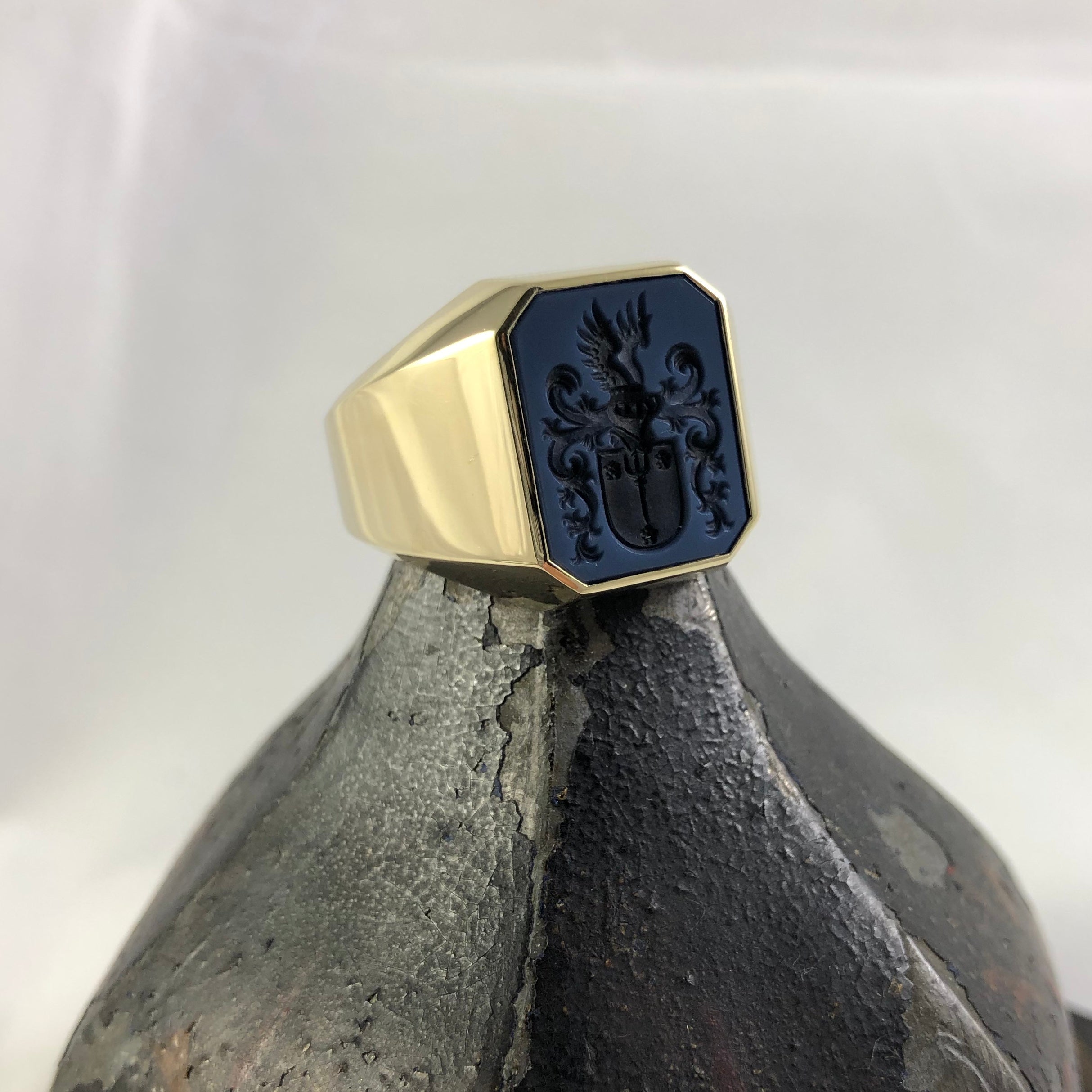 Seal Engraved Blue/Black Agate Custom Made 18mm x 15mm  -  9 Carat Yellow Gold Signet Ring