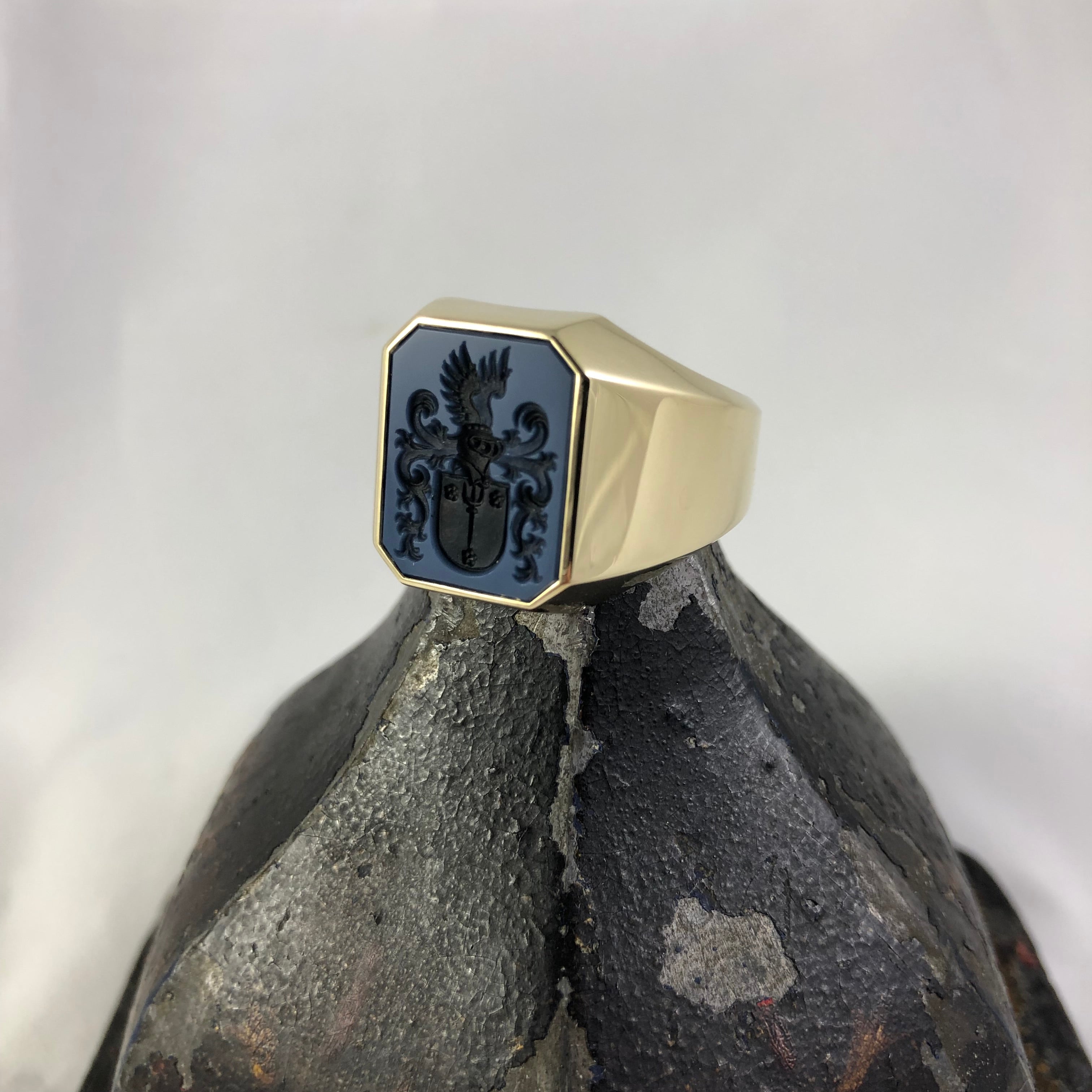 Seal Engraved Blue/Black Agate Custom Made 18mm x 15mm  -  9 Carat Yellow Gold Signet Ring