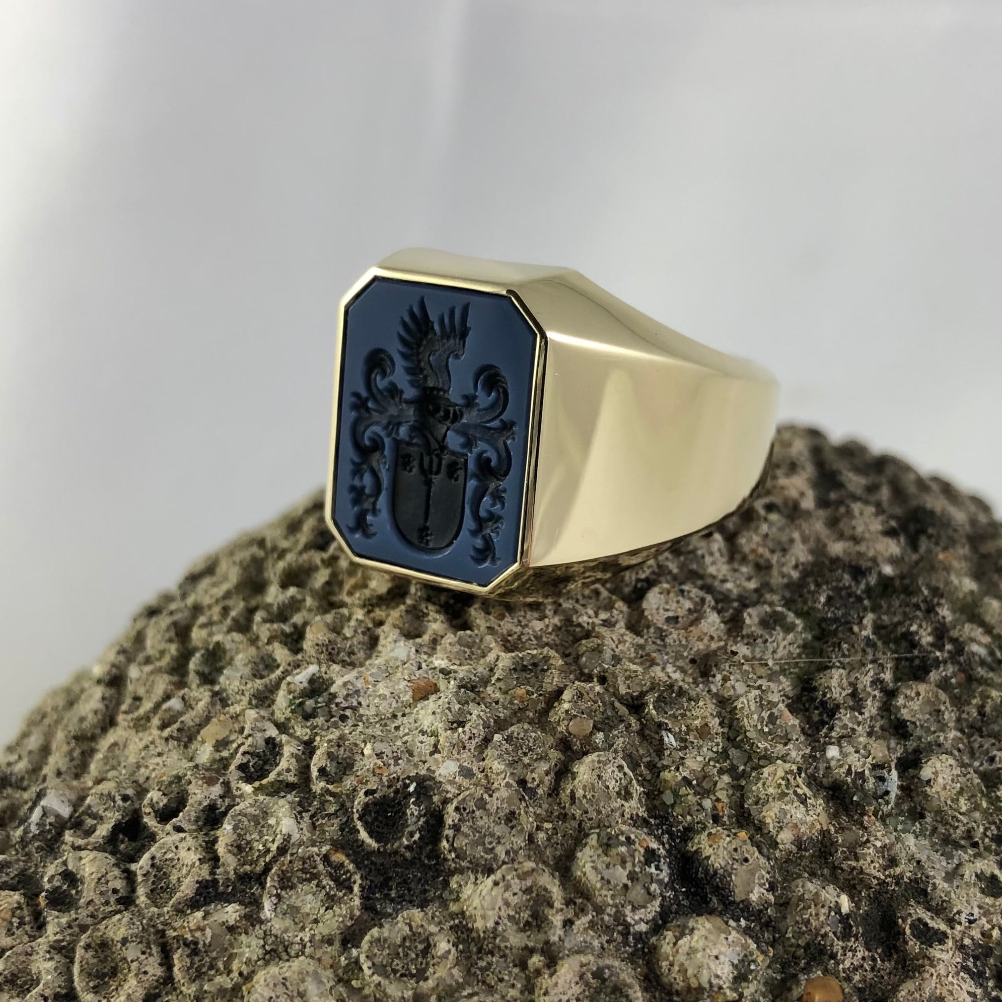 Seal Engraved Blue/Black Agate Custom Made 18mm x 15mm  -  9 Carat Yellow Gold Signet Ring