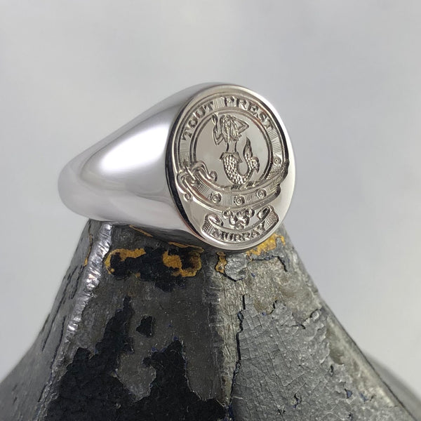 Family Clan Badge Engraved 13mm x 11mm  -  9 Carat White Gold Signet Ring