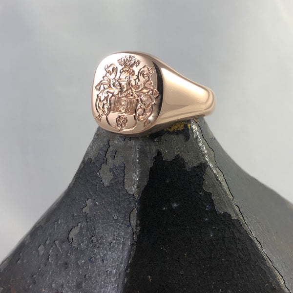 Family Coat of Arms Engraved 14mm x 13mm  -  9 Carat Rose Gold Signet Ring