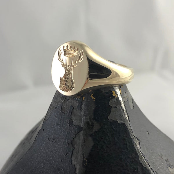 Family Crest Seal Engraved 13mm x 11mm  -  9 Carat Yellow Gold Signet Ring