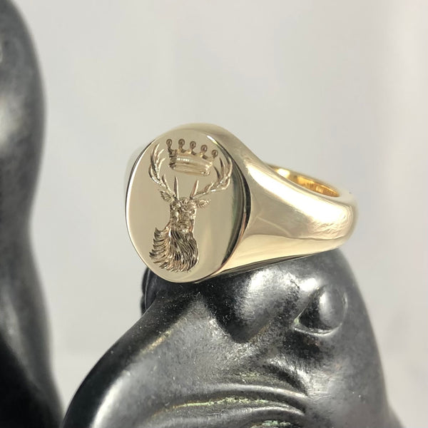 Family Crest Seal Engraved 13mm x 11mm  -  9 Carat Yellow Gold Signet Ring