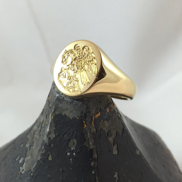Family Crest Engraved 13mm x 11mm  -  18 Carat Yellow Gold Signet Ring