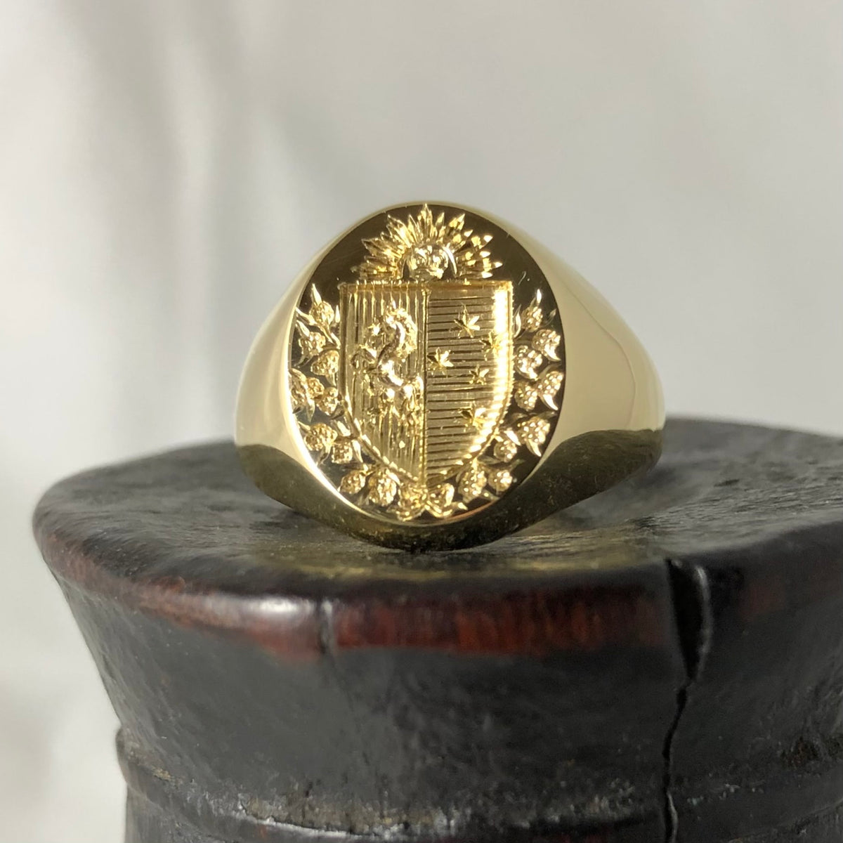 Family Coat of Arms Seal Engraved  16mm x 13mm -  18 Carat Yellow Gold Signet Ring