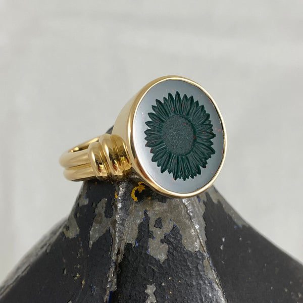 Seal Engraved Bloodstone Custom Made 16mm Round  -  18 Carat Yellow Gold Signet Ring