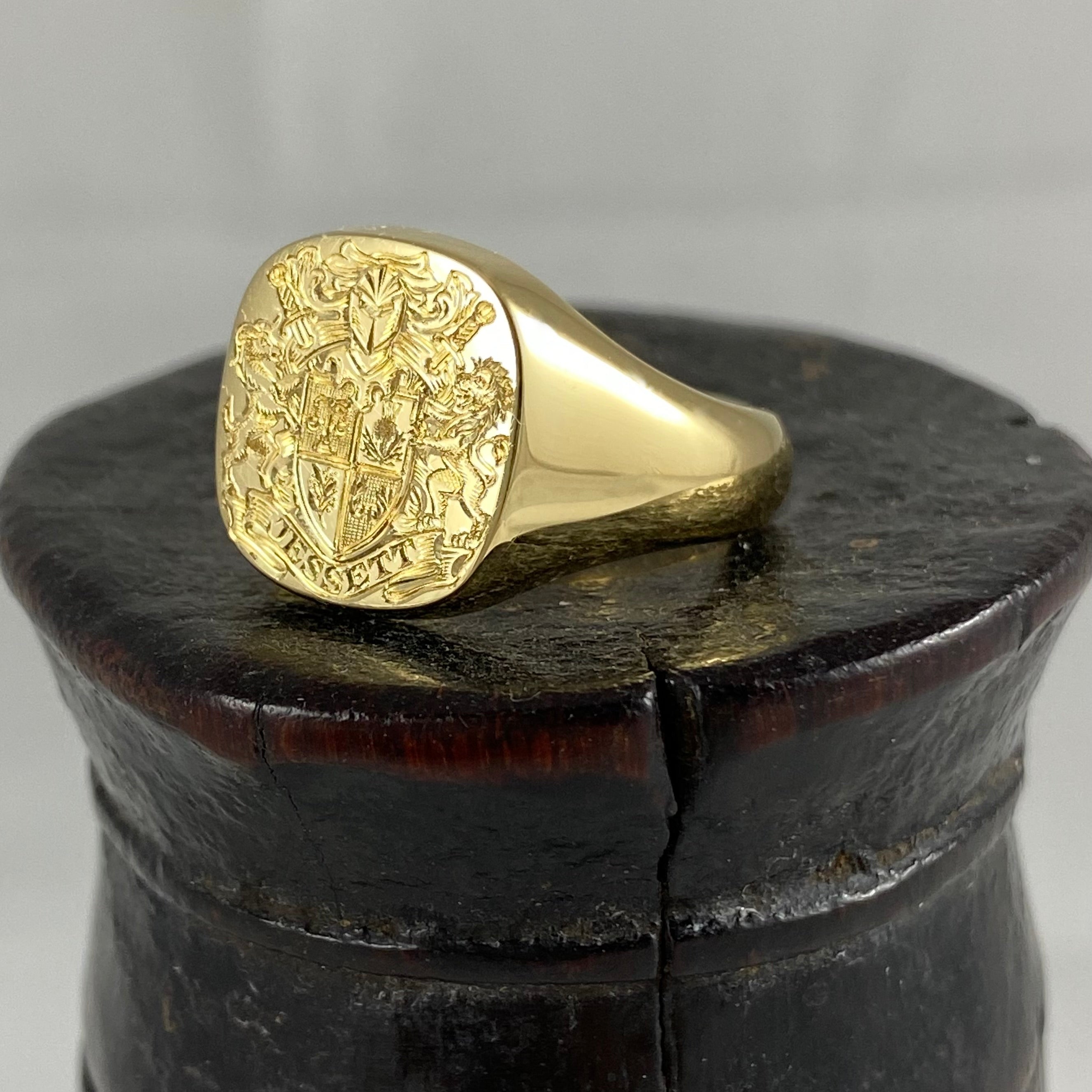 Family Coat of Arms Engraved 14mm x 13mm  -  18 Carat Yellow Gold Signet Ring