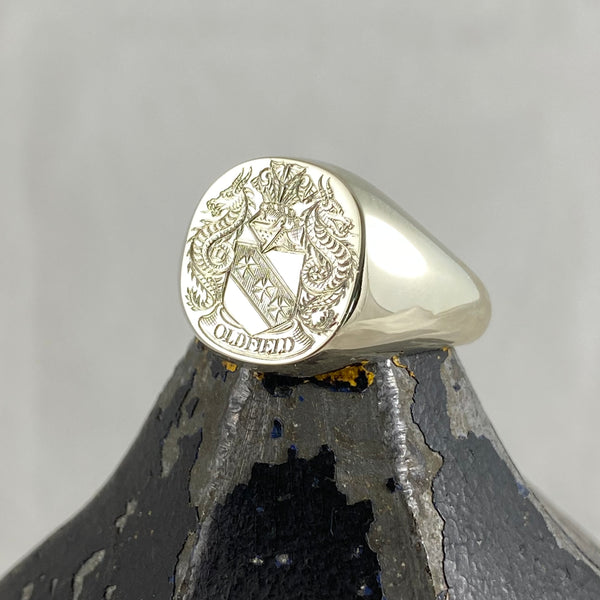 Family Coat of Arms Engraved  14mm x 13mm  Cushion -  9 Carat White Gold Signet Ring