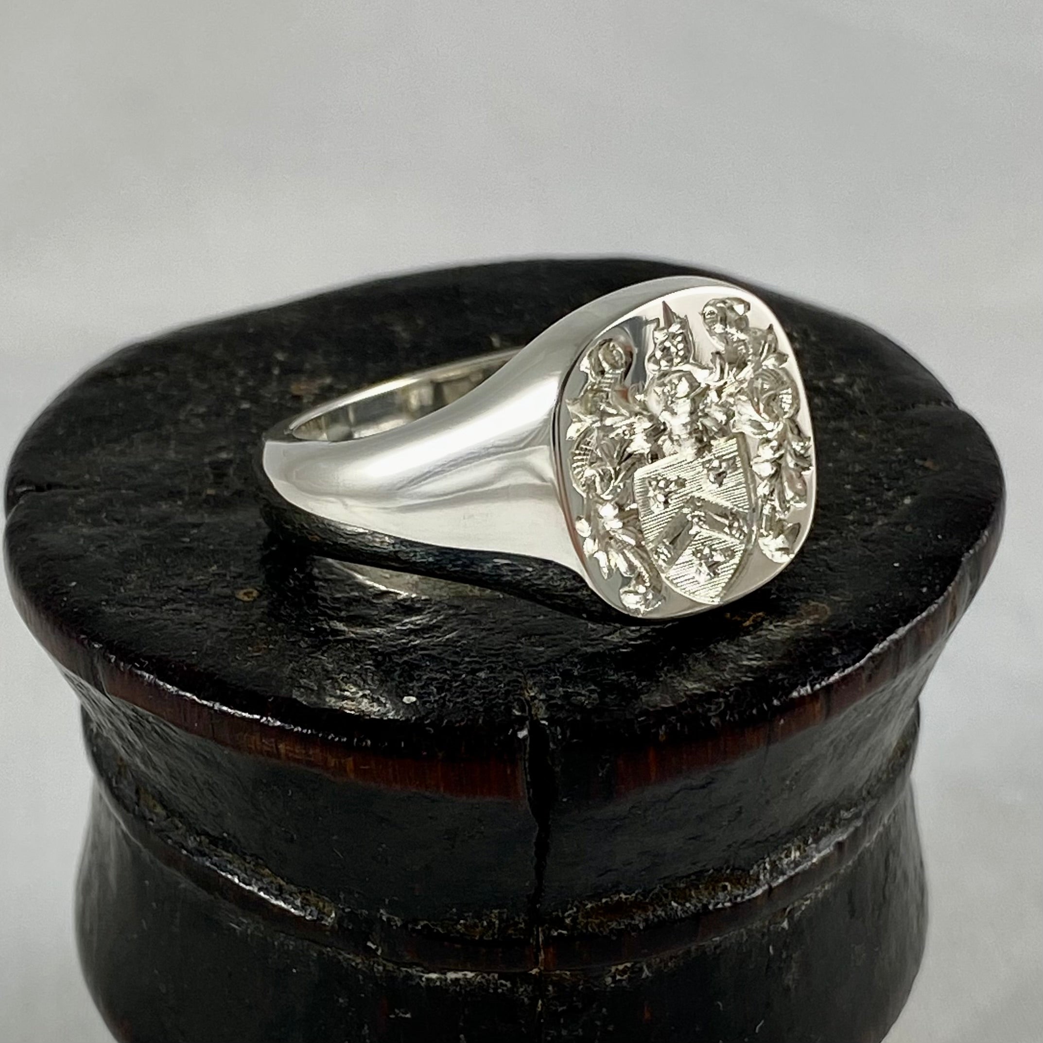 Family Coat of Arms Seal Engraved 14mm x 13mm  -  Sterling Silver Signet Ring