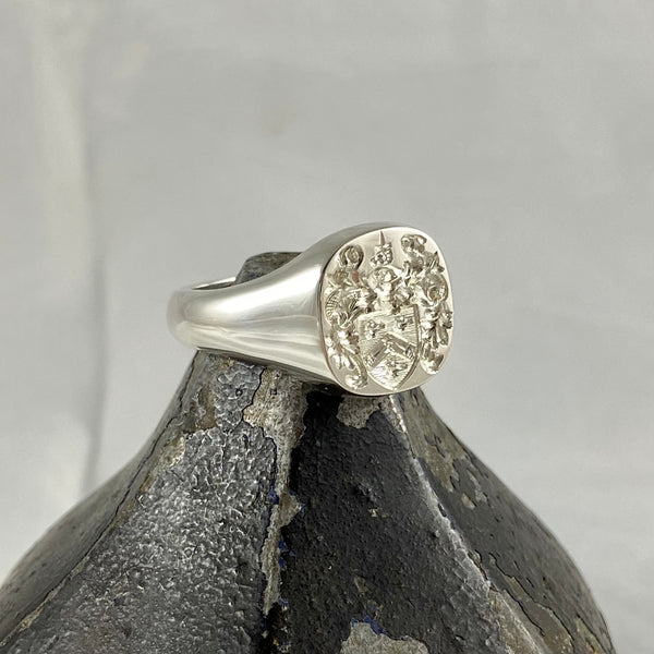Family Coat of Arms Seal Engraved 14mm x 13mm  -  Sterling Silver Signet Ring