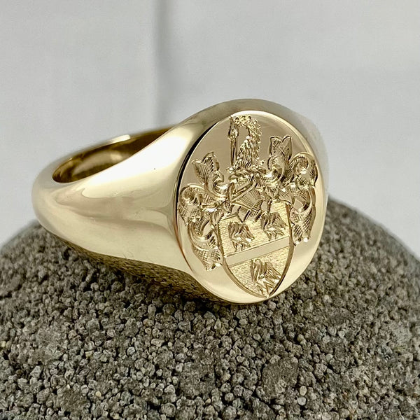 Family Coat of Arms Surface Engraved 13mm x 11mm  -  9 Carat Yellow Gold Signet Ring