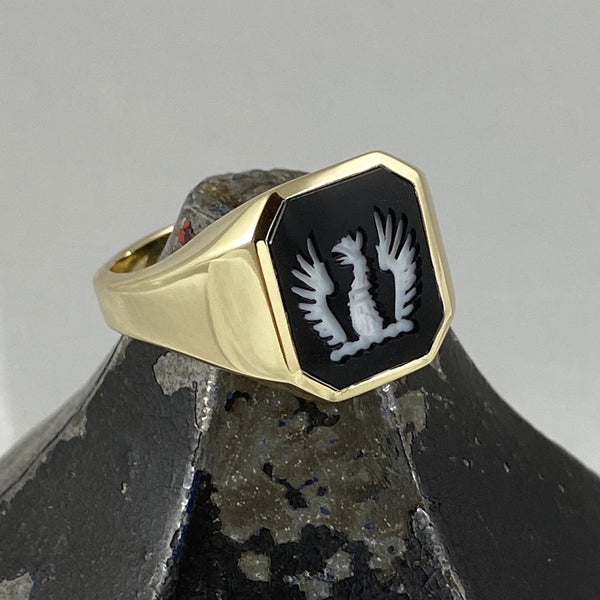 Seal Engraved Black/White Agate Custom Made 16mm x 14mm  -  9 Carat Yellow Gold Signet Ring