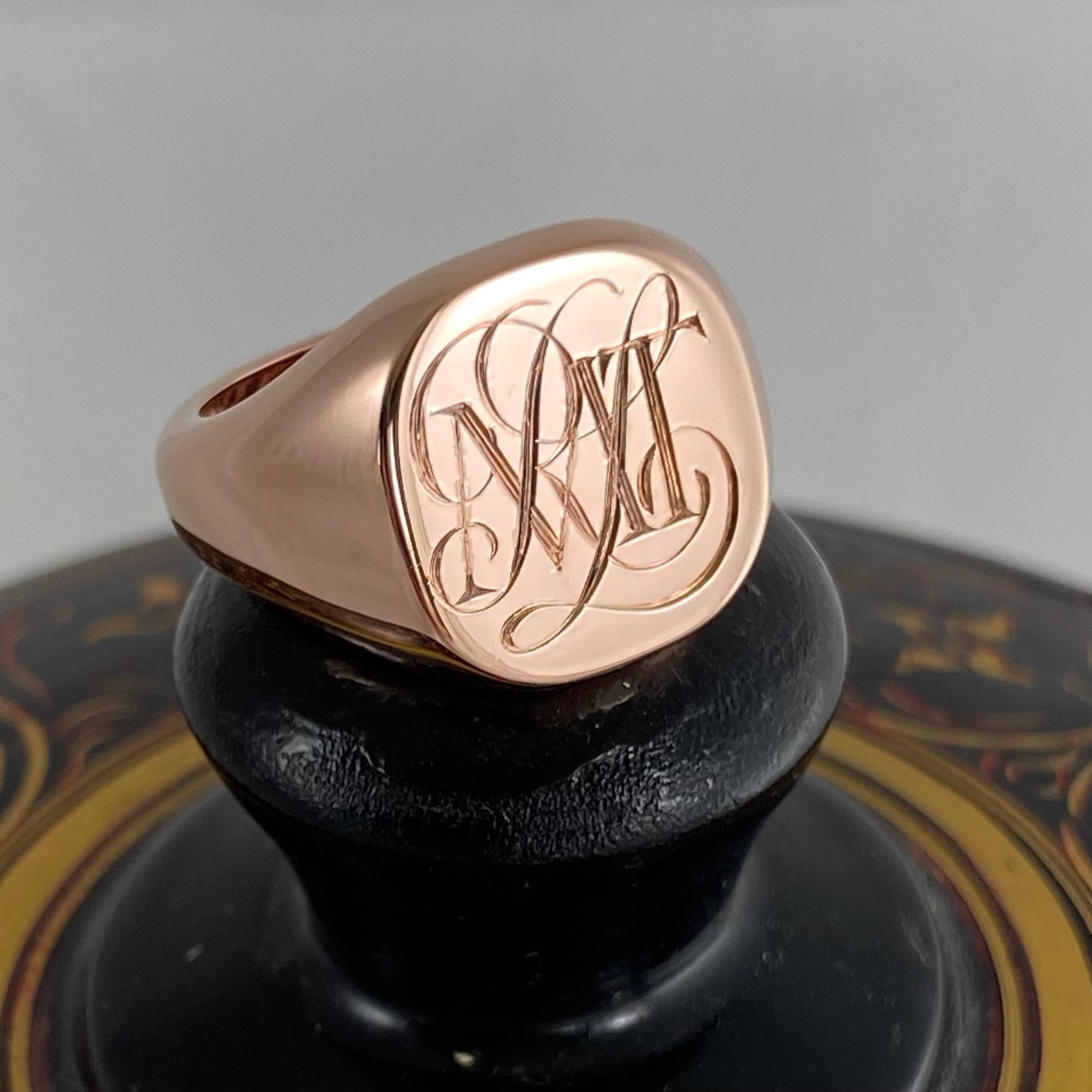 3 Initials Surface Engraved  14mm x 13mm Cushion  -   9 Carat Rose Gold Signet Ring